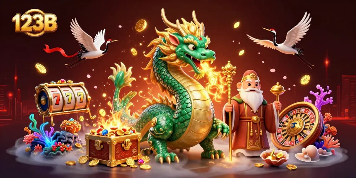 Experience thrilling gameplay at 123B with jade dragon, slot reels, and treasures in a vibrant casino scene