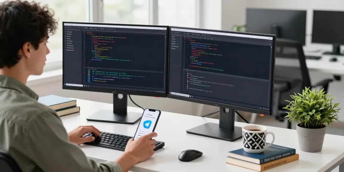 Developer analyzing code on dual monitors with Telegram for a free download in a modern tech workspace.