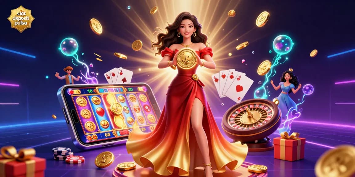Experience excitement with slot deposit pulsa as coins rain down in this vibrant casino scene.