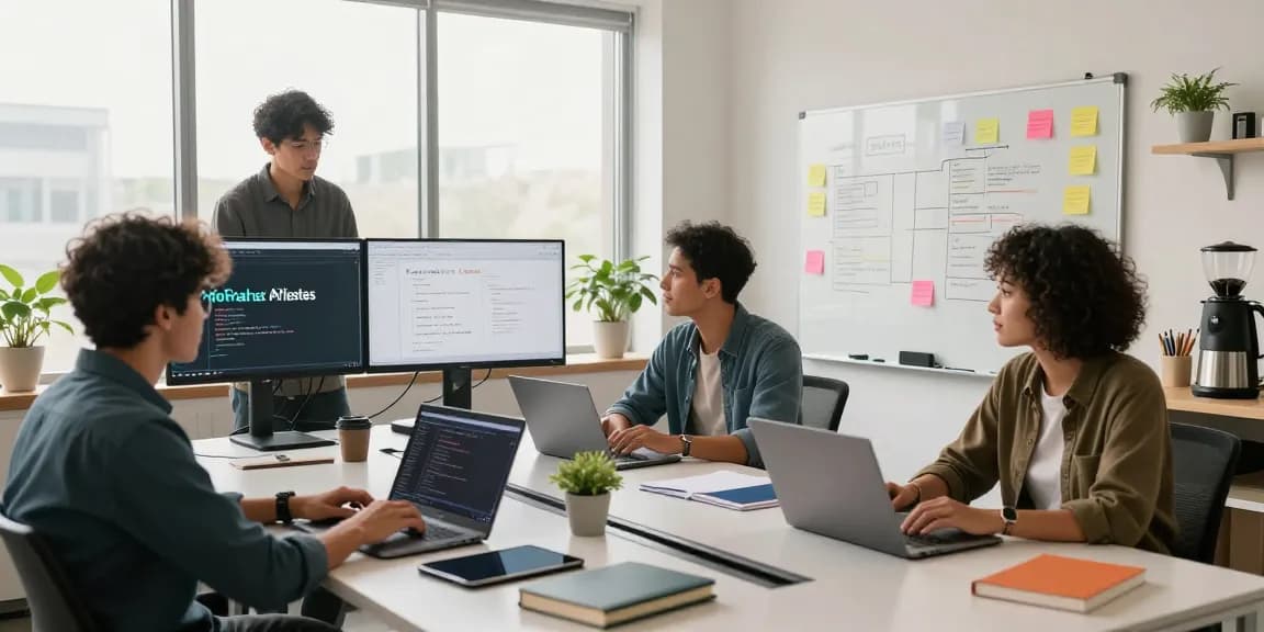 Diverse team of developers discussing ChatGPT alternatives in a modern office with collaborative workspace.