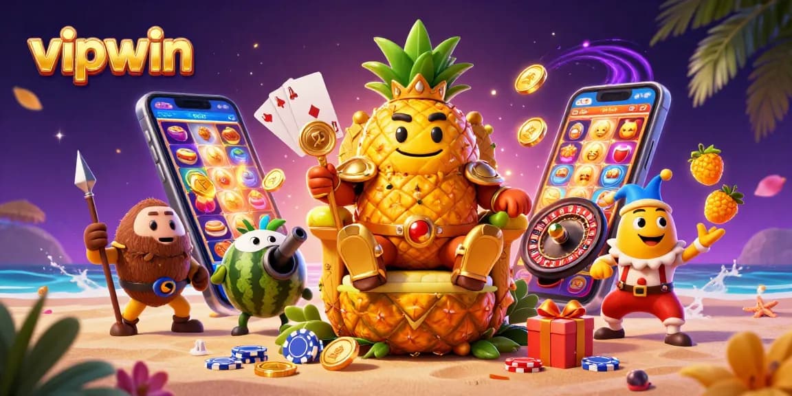 Experience the vibrant adventure of vipwin with a golden pineapple king and a beach casino backdrop.