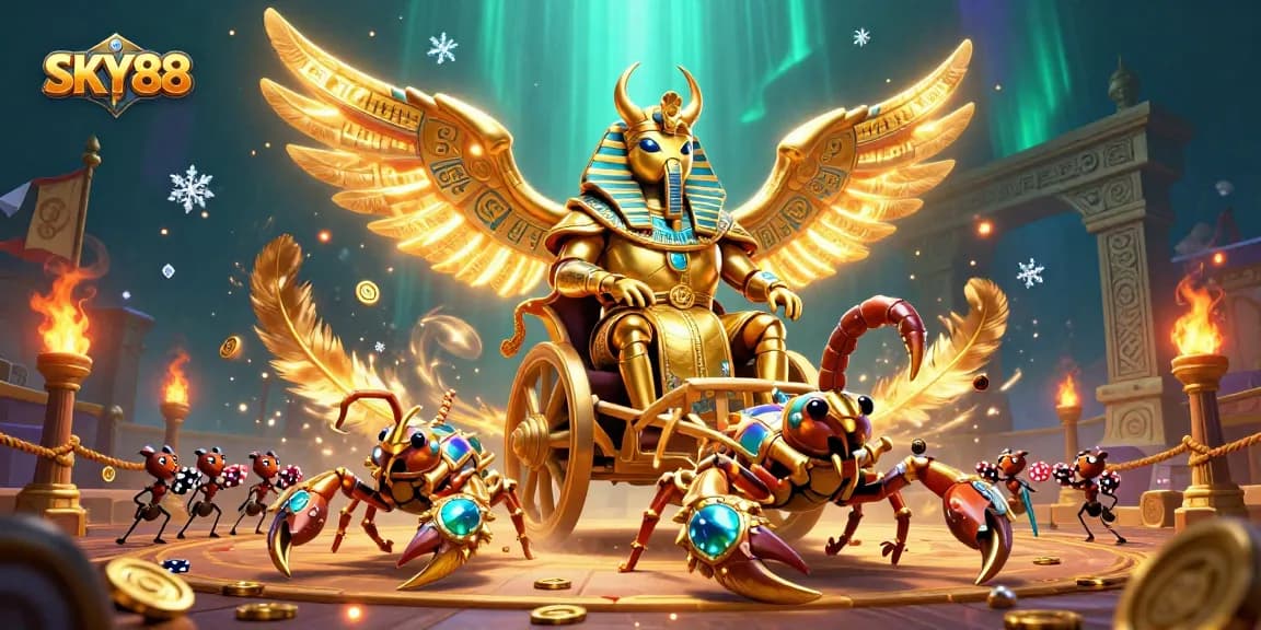 Engage in thrilling gambling experiences with SKY88's vibrant casino illustration featuring a colossal scarab and golden treasures.