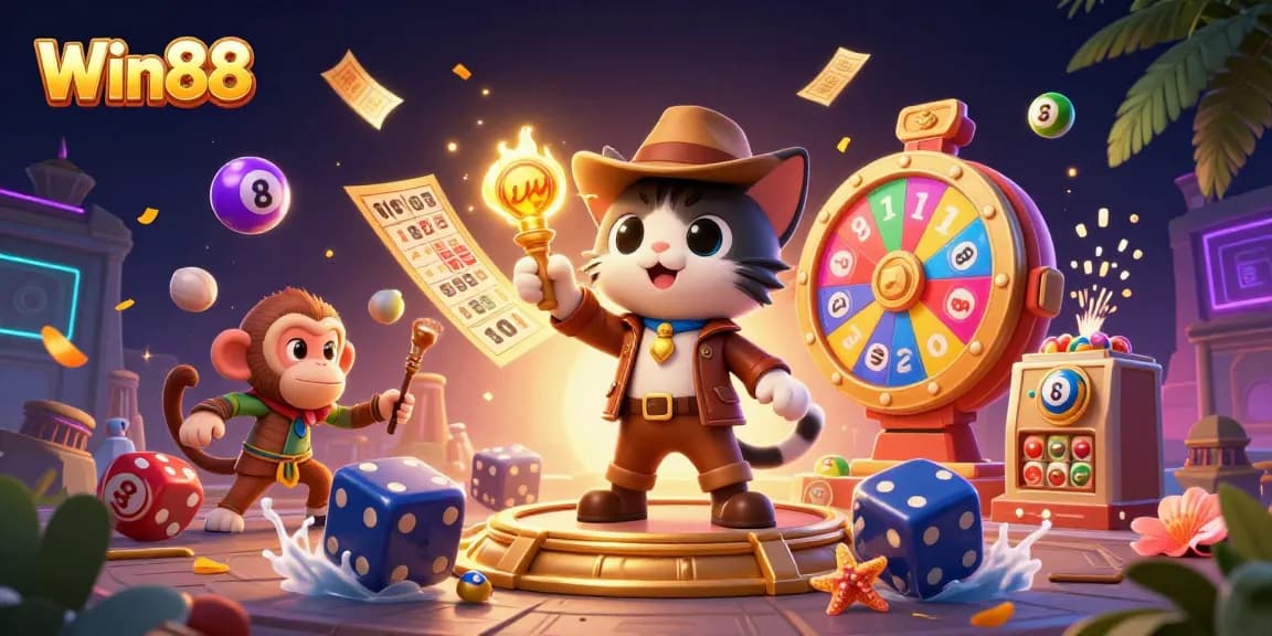 Win88 enchants players with a vibrant scene of colorful lottery elements and adventurers.