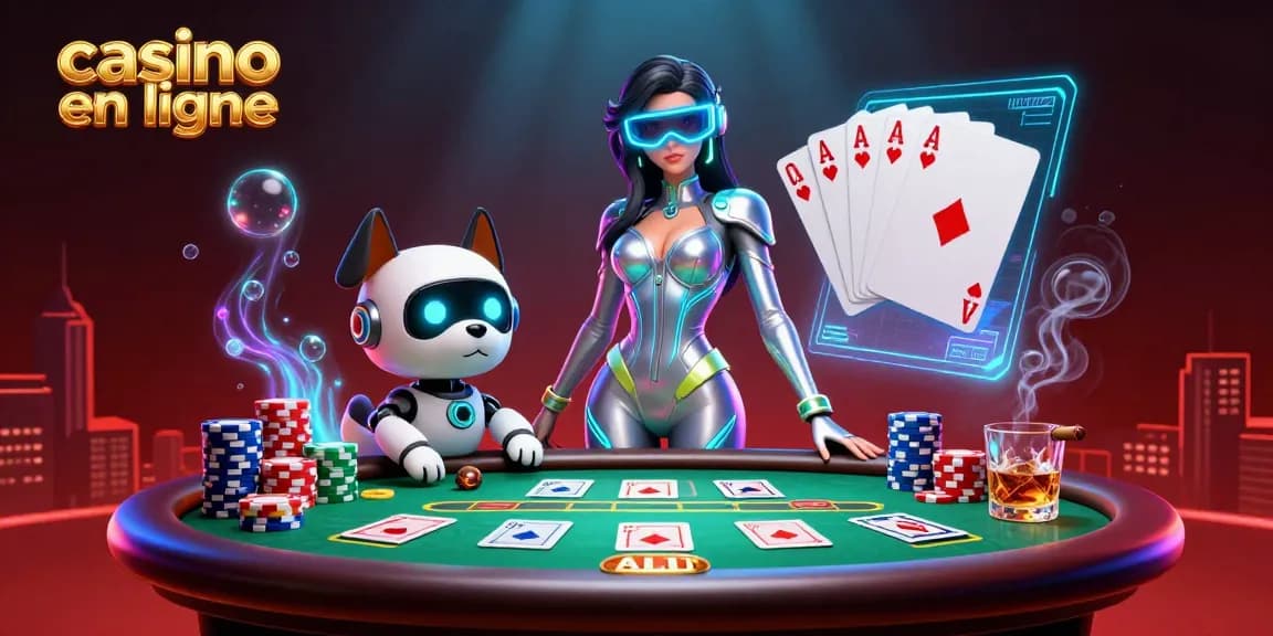 Vivez une action palpitante au casino en ligne avec une scène de poker vibrante mettant en vedette un personnage futuriste époustouflant et des éléments interactifs.