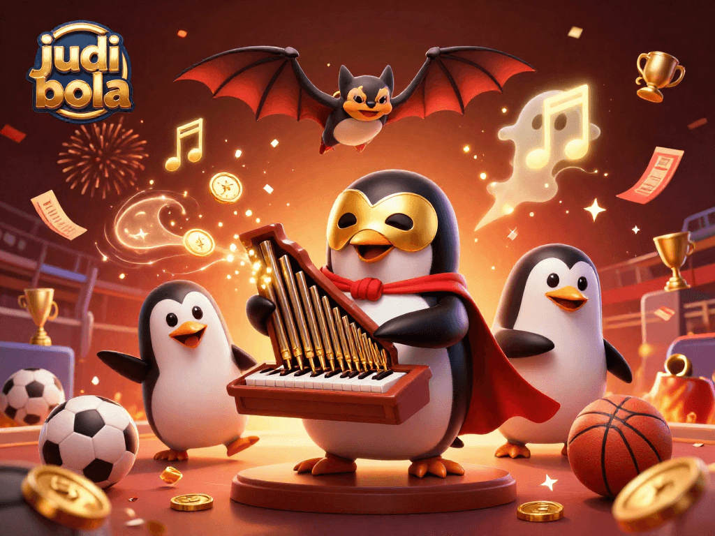 Experience thrilling judi bola action with sports symbols and dynamic characters in a festive 3D scene.