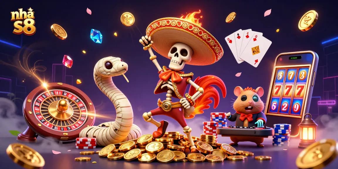 Engage with Nhà cái s8 through dynamic gaming visuals featuring vibrant characters and casino elements.