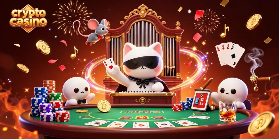 Découvrez les jeux au crypto casino avec le chat fantomatique et des éléments de blockchain flottants.