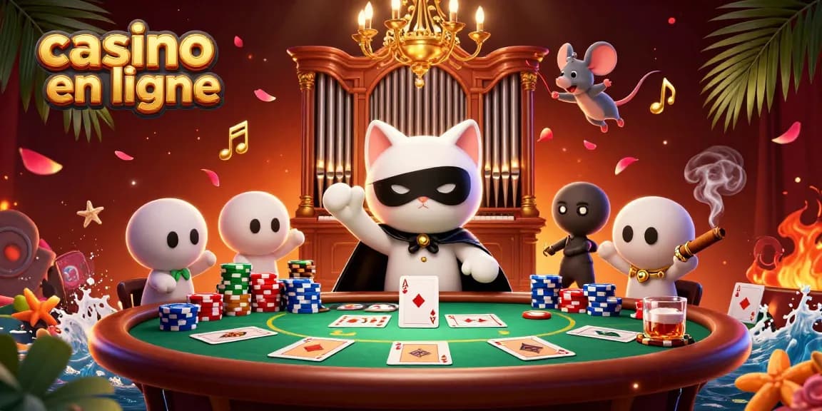 Vivez l'énergie vibrante du casino en ligne avec un chat phantasmagorique et des éléments de jeu colorés.