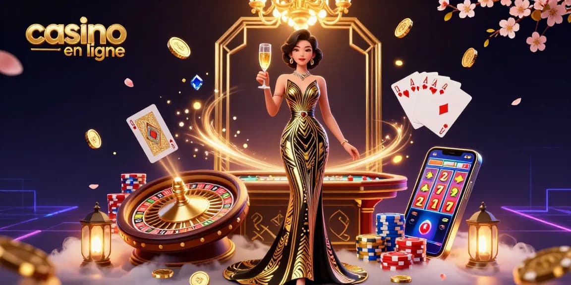 Vivez l'excitation d'un casino en ligne avec une scène glamour d'éléments de jeu et d'opportunités de gains.