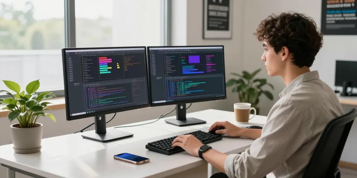 快连 software developer coding in a modern workspace with dual monitors, coffee, and a vibrant atmosphere