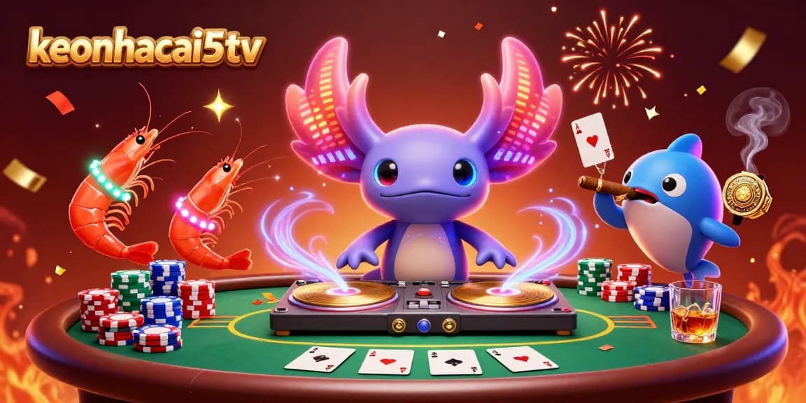 Engage with keonhacai5tv, showcasing vibrant casino excitement with colorful characters and poker elements.