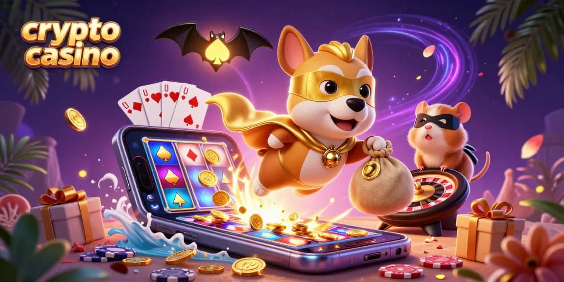 Le crypto casino propose un super-héros canin avec un masque, transportant des pièces d'or et des jeux de casino variés.