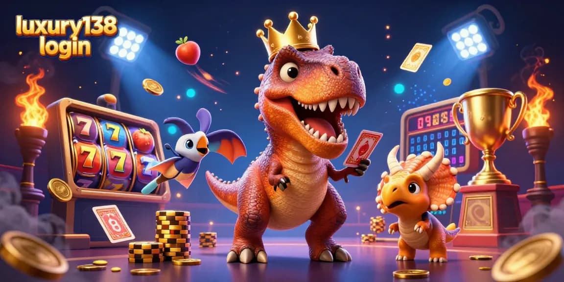 Play exciting games at luxury138 login with a T-Rex shuffling cards and a Pterodactyl assistant.