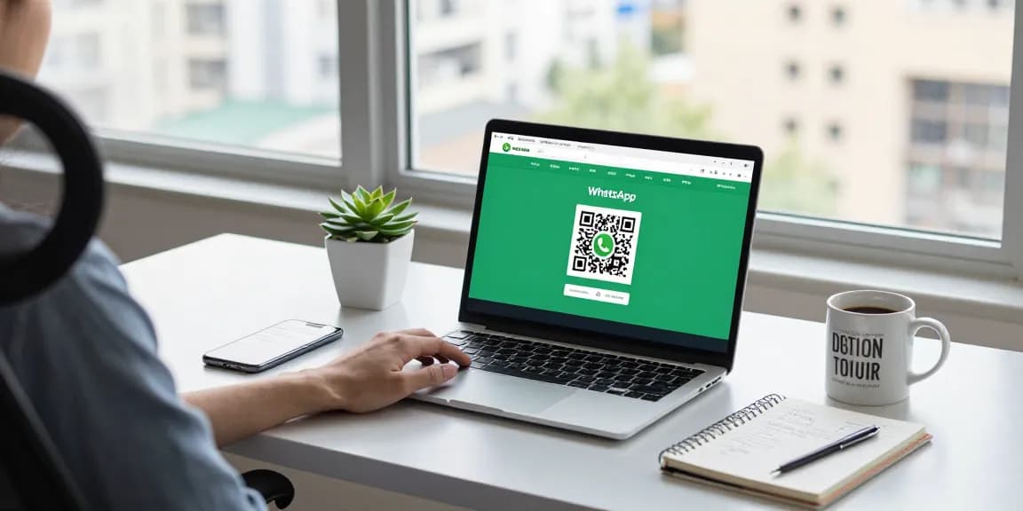 Professional accessing WhatsApp網頁版 in a modern home office with city view.
