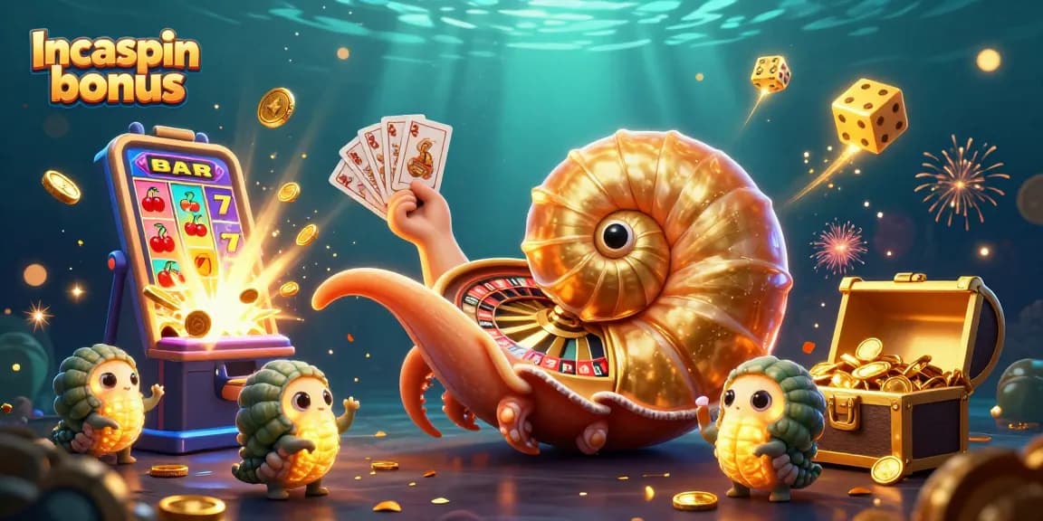 Experience the excitement of the Incaspin bonus with a vibrant illustration of a nautilus roulette wheel and slot machines bursting with jackpots.