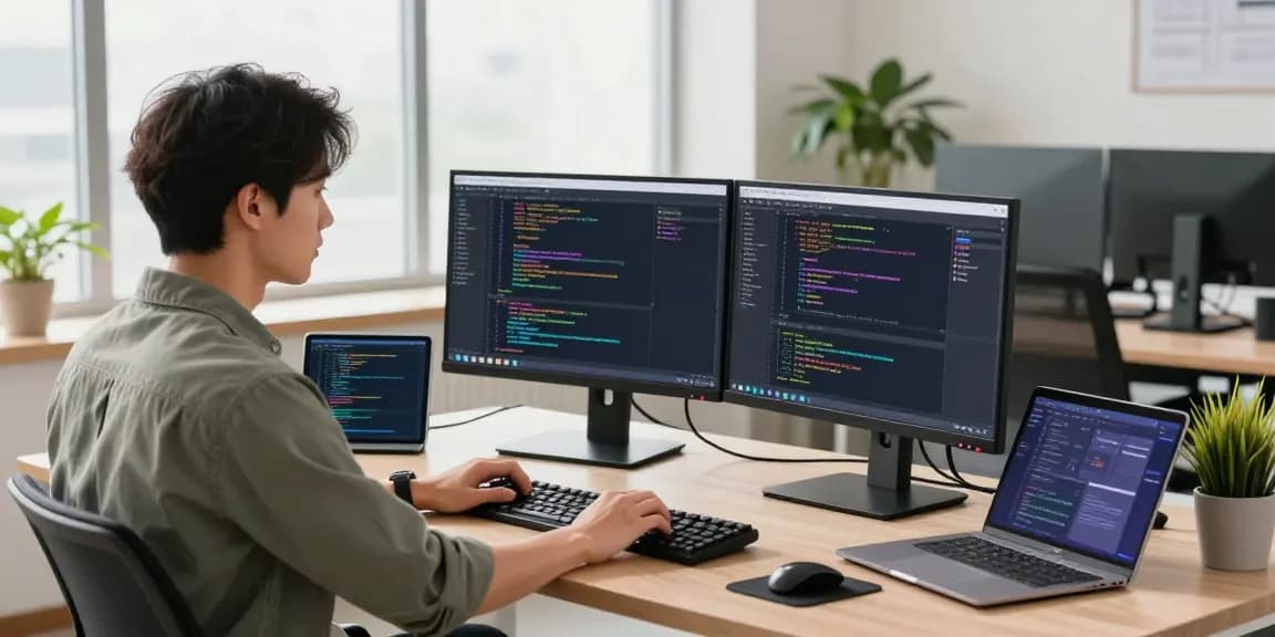 Programmer focused on 纸飞机中文版 coding in a bright tech workspace, surrounded by modern gadgets and natural light.