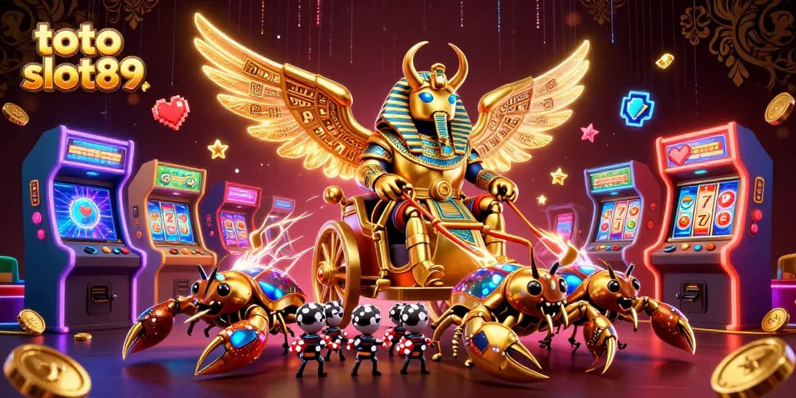 Engage with the vibrant gaming world of toto slot89 featuring a colossal scarab beetle riding a chariot.
