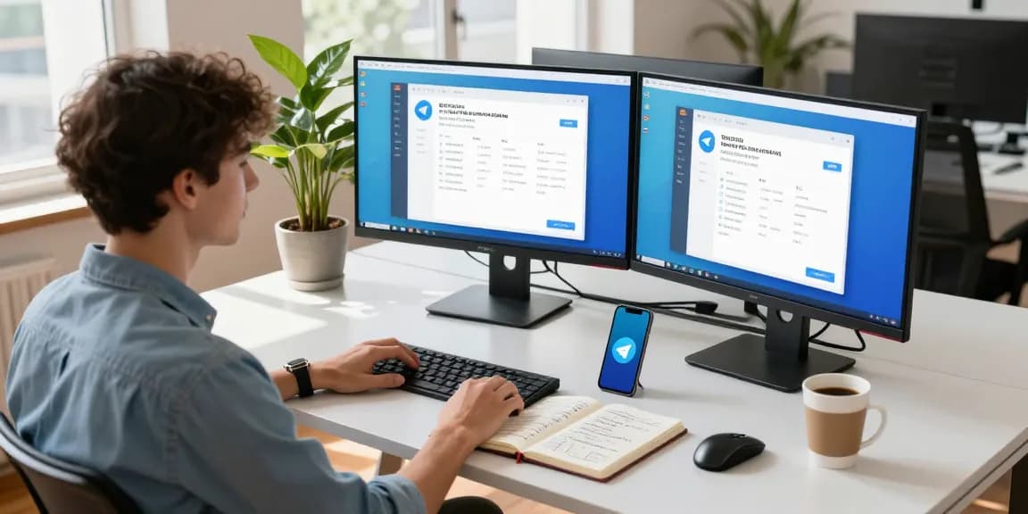 Young professional in modern office using 纸飞机中文版 on dual monitors, showcasing productivity in tech workspace.