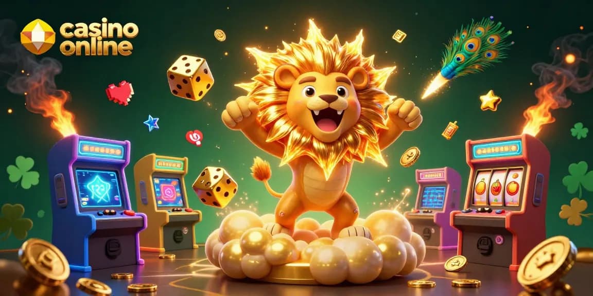 Joacă jocuri la casino online în această ilustrație vibrantă, plină de sloturi și simboluri câștigătoare.