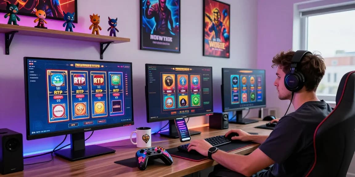 Playbook88 gaming setup with vibrant slot games and high RTP stats, immersive gaming environment.