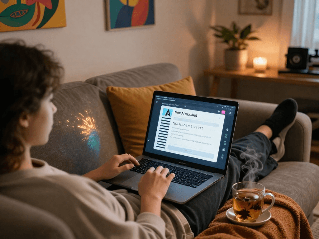Engaging in free ai sex chat on a cozy sofa with warm lighting and personal items.