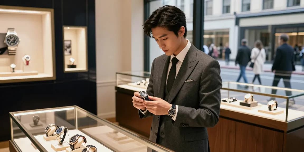 Examining premium clone watches in an upscale boutique with elegance and luxury.
