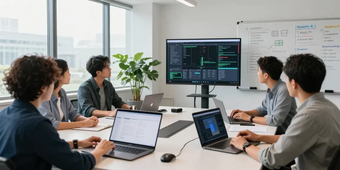 AI detector team collaborating in a modern office, showcasing content moderation technology and dynamic discussion.
