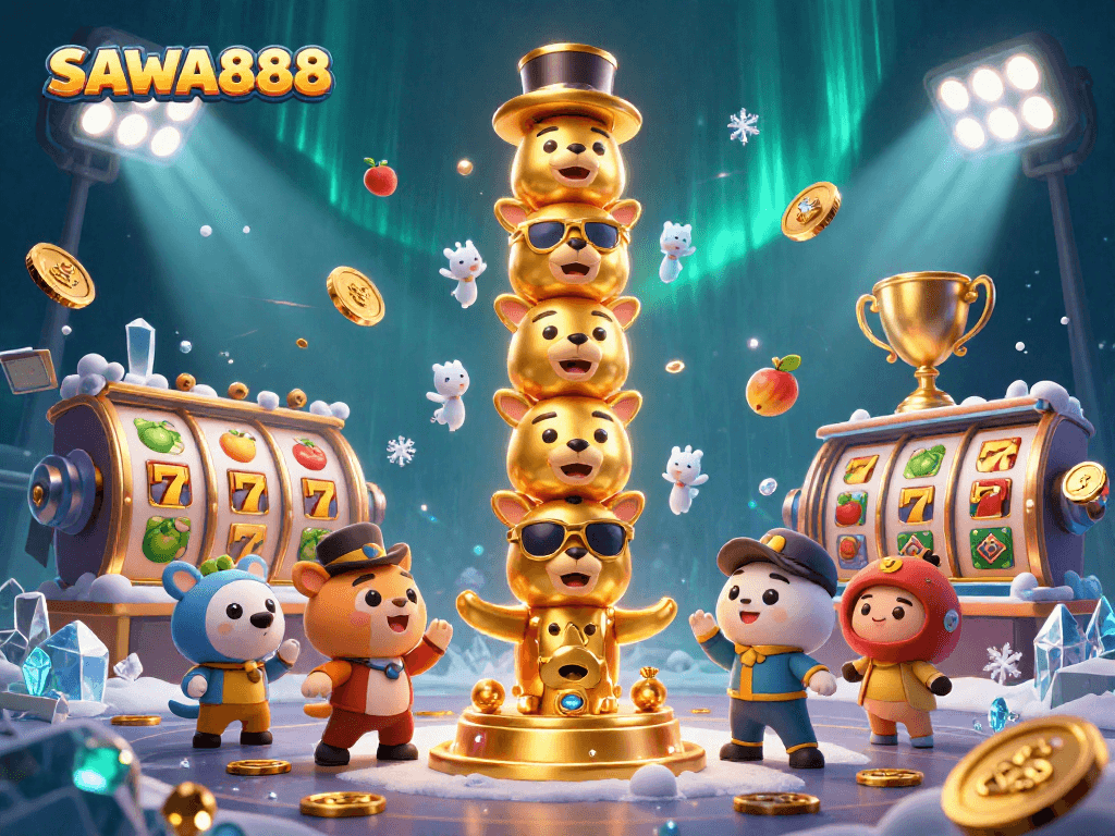 Experience thrilling gameplay with SAWA888's vibrant slot reels and a whimsical golden totem pole.