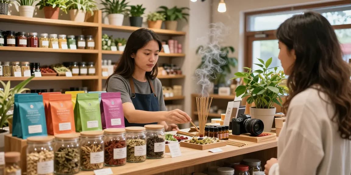 Delightful herbal shop scene discussing mad-hatter-c-liquid-incense-review with customers.