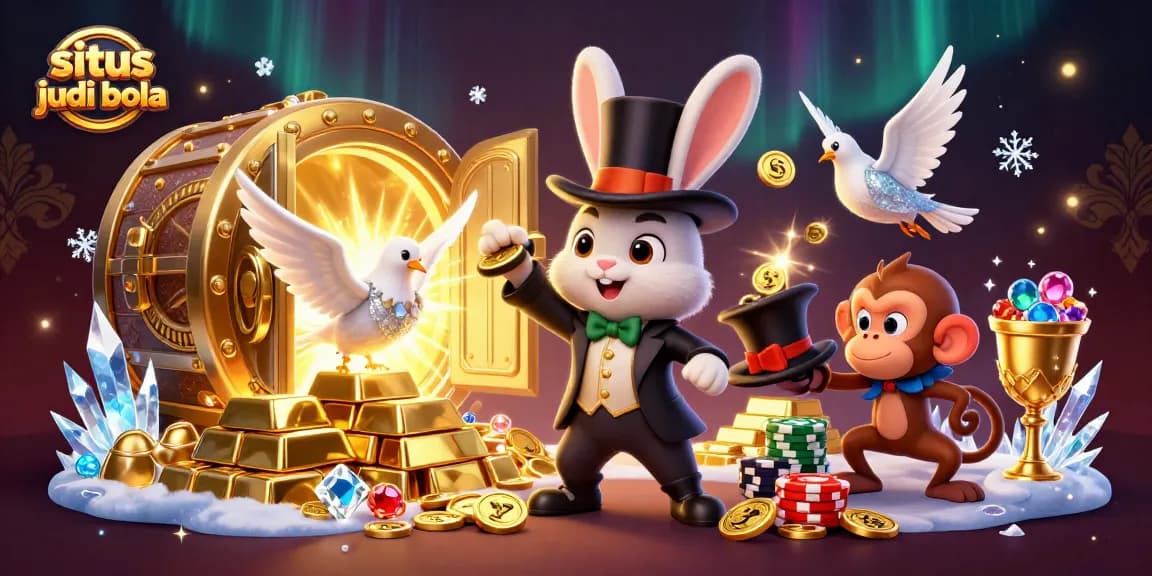 Engage with situs judi bola through magical wins, featuring a magician, dove, and monkey amid treasures.