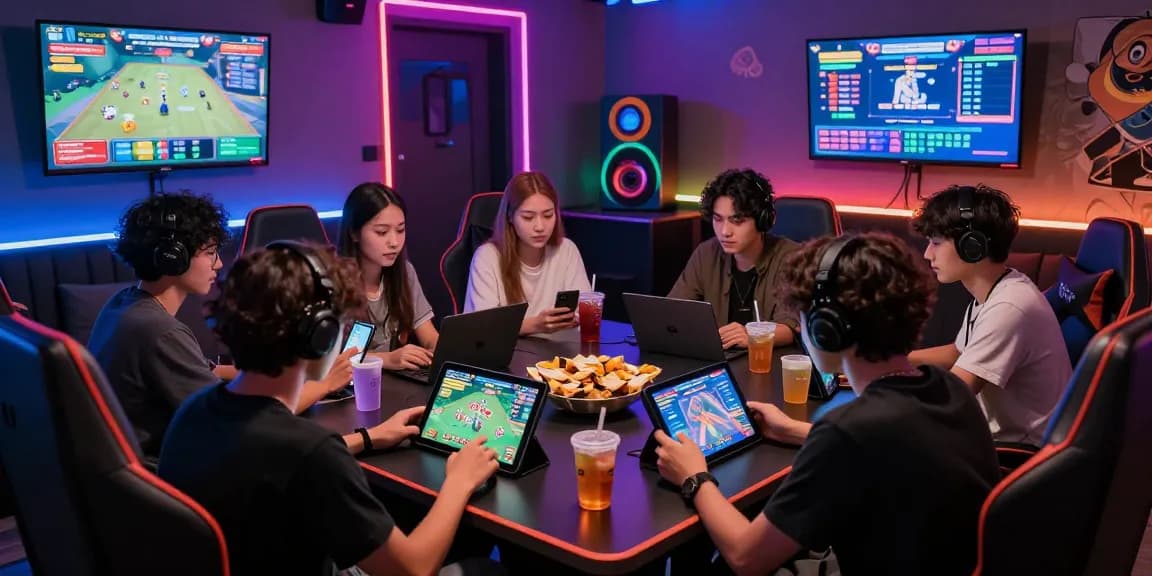 Exciting gaming lounge scene with friends enjoying link bandar togel and engaging in online betting activities.