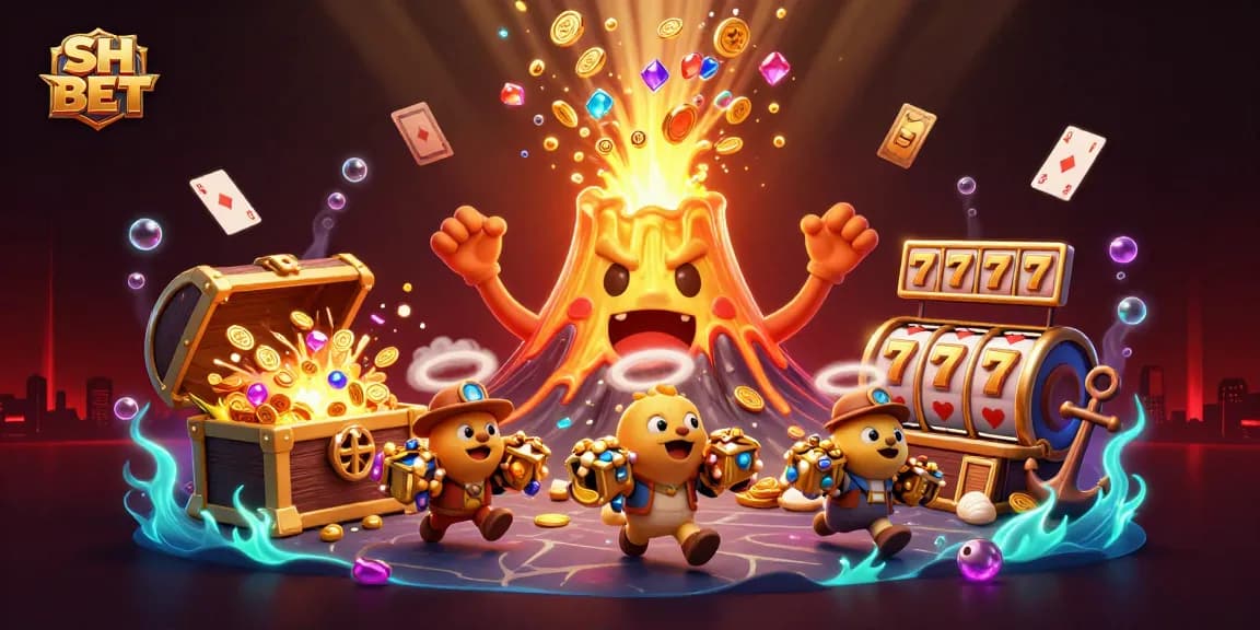 Experience thrilling adventures with SH BET, featuring a golden volcano erupting treasures amidst slot reels.