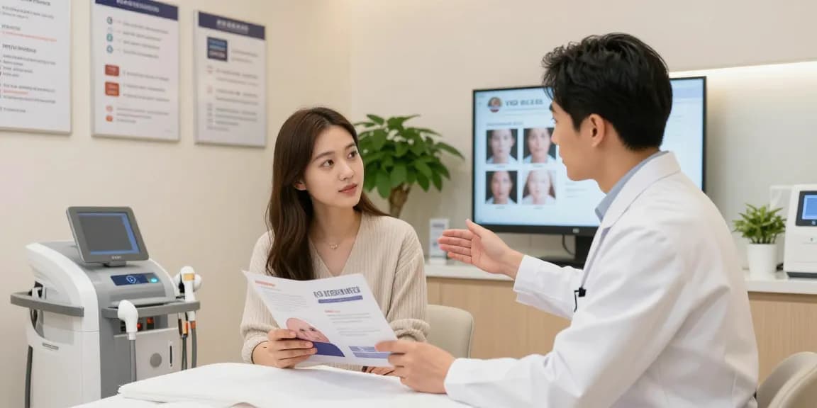 現代的なクリニックでVIO脱毛+クリニック治療について相談している若い女性