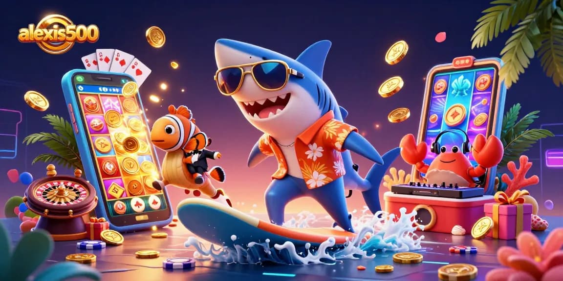 Experience the excitement of alexis500 with vibrant slot game action featuring a heroic shark and dynamic characters.