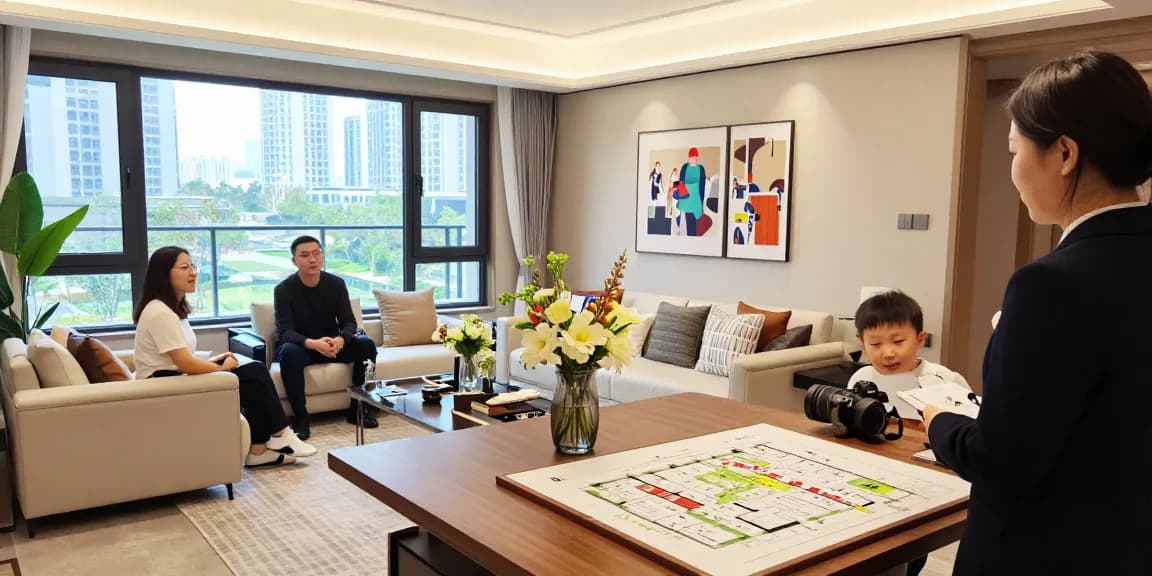 Dover Residences Showflat with modern living space and potential buyers discussing features and benefits.