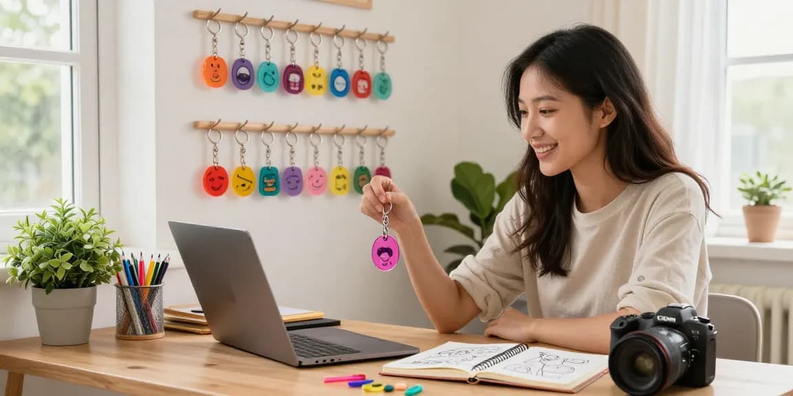 Personalized keychains displayed in a cozy home office setting for an engaging shopping experience.