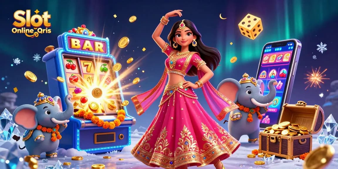 Engage with Slot Online Qris in a dynamic casino scene featuring exciting game elements and vibrant characters.