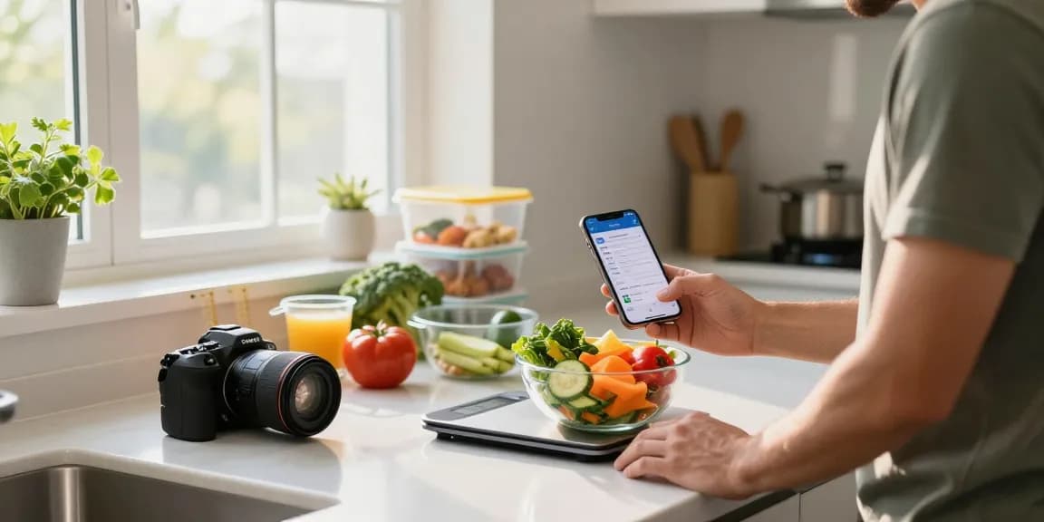 The best macro tracking app displayed on a smartphone alongside fresh meal prep ingredients in a modern kitchen.