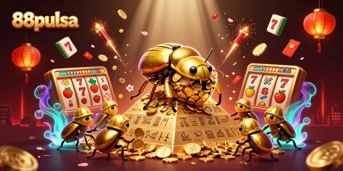 Experience thrilling slot games with 88pulsa's unique golden beetle theme and vibrant casino elements.