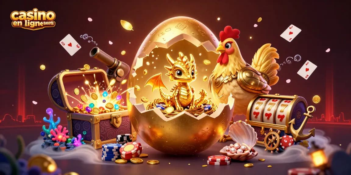 Visualisez un casino en ligne sans KYC rempli de pépites d'or, poker et dragons en or.