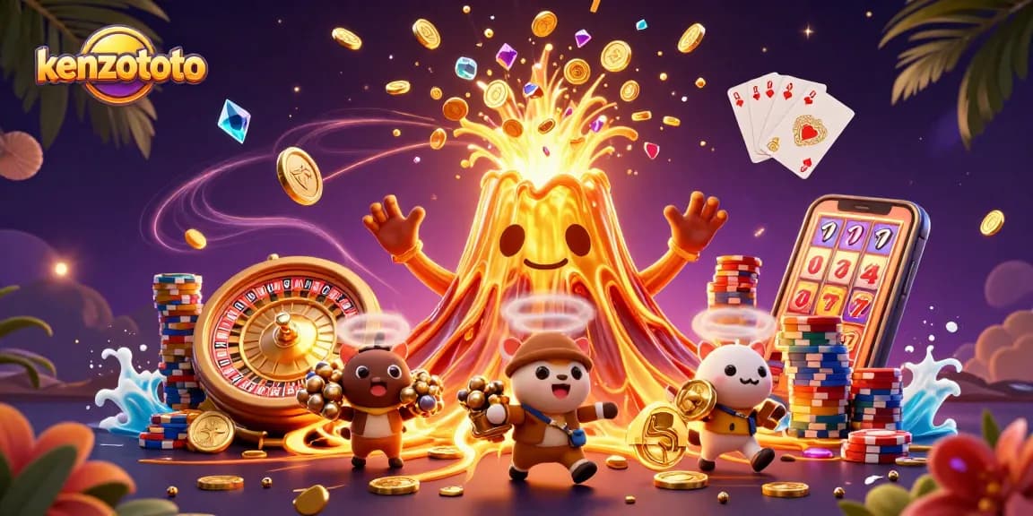 Kenzototo offers a vibrant gambling world with golden coins and treasures from the erupting volcano.