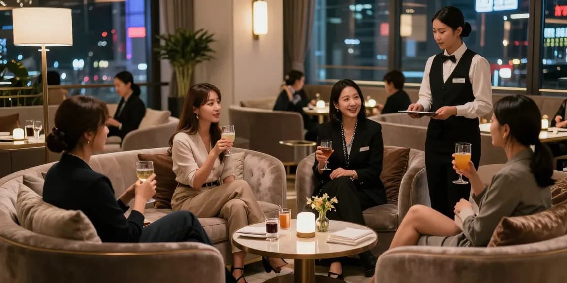 쩜오블랜딩의 고급스러운 라운지에서 고객들이 즐거운 시간을 보내고 있는 모습