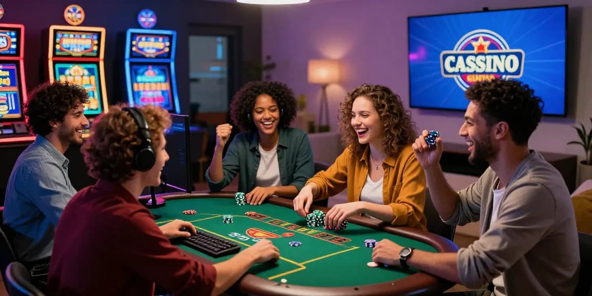 Des amis célébrant leurs gains tout en jouant au casino en ligne dans un coin de jeu confortable.