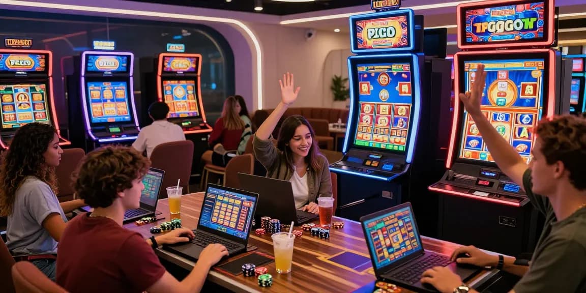 Exciting scene of friends playing pg slot เว็บใหม่ online, celebrating big wins in a modern lounge setup.