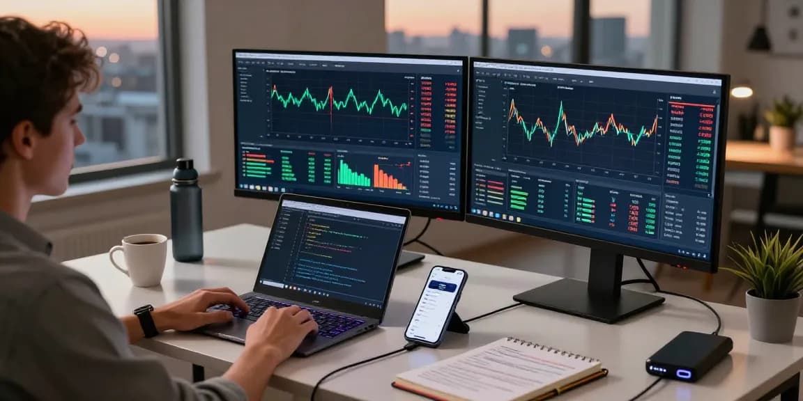 money6x.com make money online with crypto trading workspace, monitors displaying Bitcoin charts and DeFi platforms, modern home office setup.
