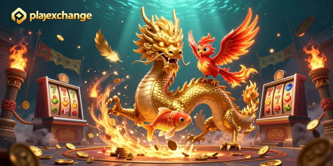 Engage with playexchange's dynamic casino scene featuring a dragon and phoenix amidst rolling slot reels and coins.