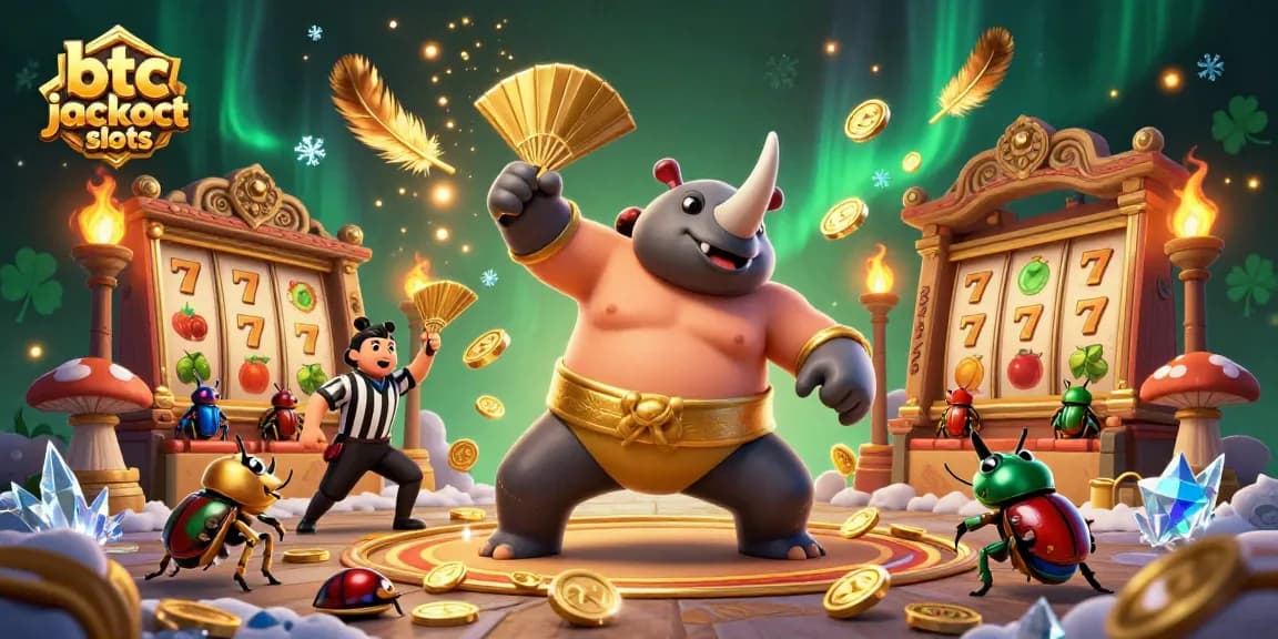 Experience top btc jackpot slots as a cartoon beetle champion celebrates big wins amid golden excitement.