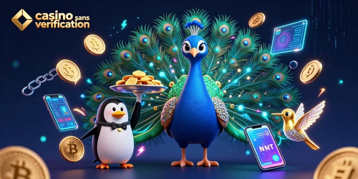 Jouer au casino sans vérification avec un paon aristocratique et un pingouin serveur.