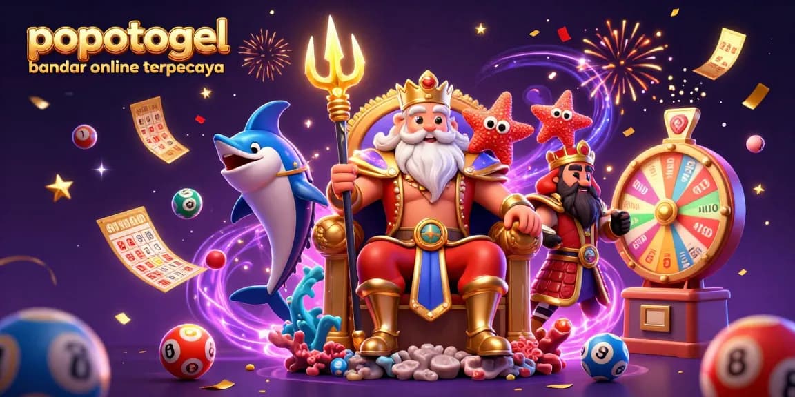 Engage with popotogel bandar online terpercaya in an exciting 3D illustration featuring vibrant casino elements and festive decorations.
