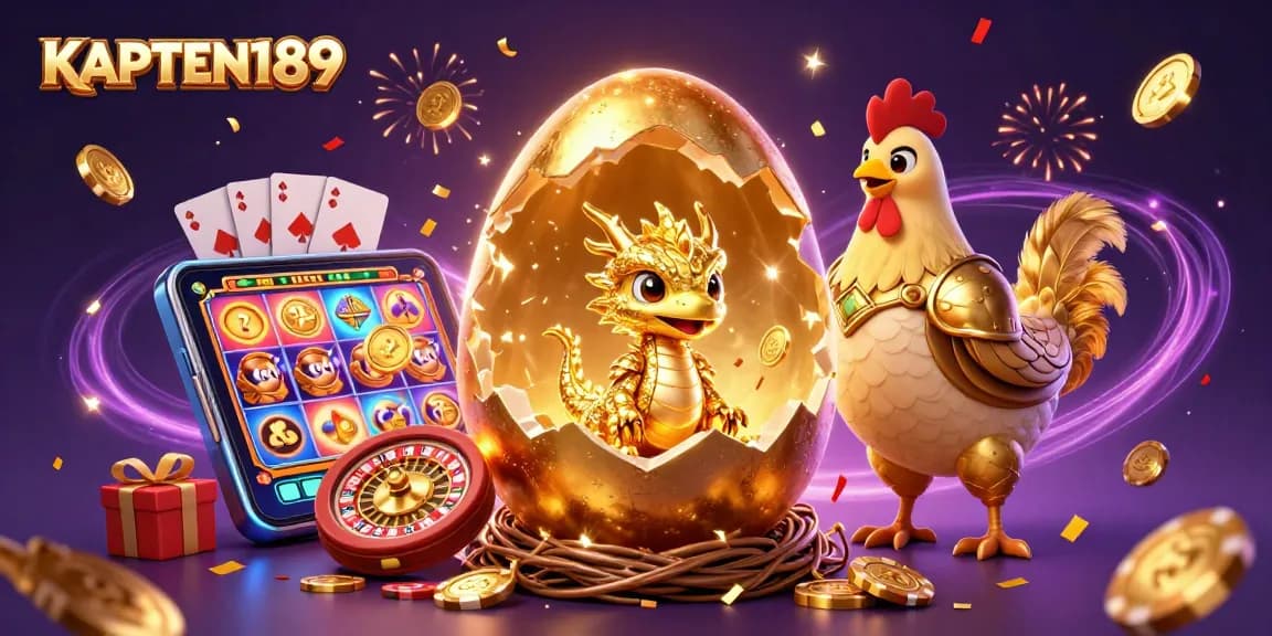KAPTEN189 menyajikan ilustrasi kasino 3D menampilkan telur emas yang retak dan naga kristal, dikelilingi elemen permainan.